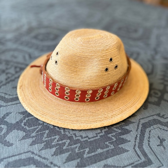 Vintage Woven Straw Hat with Red Leather Band - Picture 5 of 6